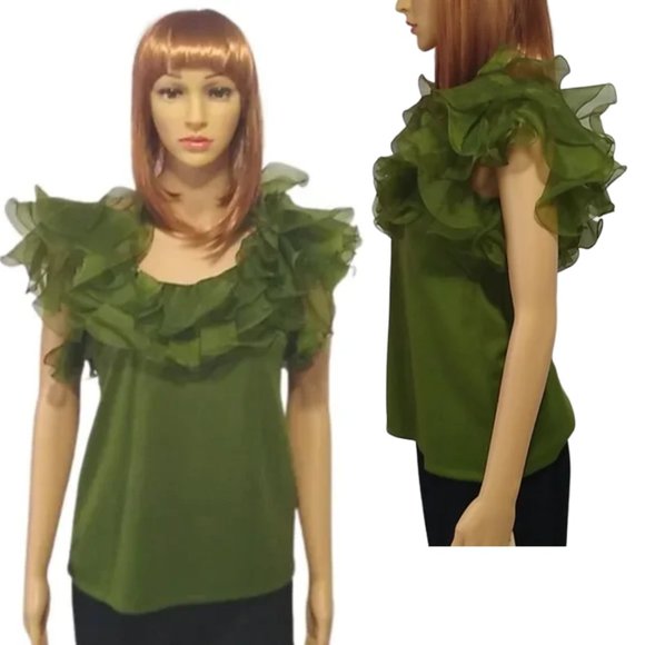 Vintage Blouse 60s Phillips 66 Green Chiffon Clown Ruffle Special Occasion NOS - Picture 1 of 9